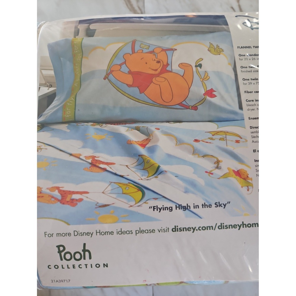 Vtg Disney Home Winnie The‎ Pooh Flannel Twin Sheet Set Flying High in the Sky